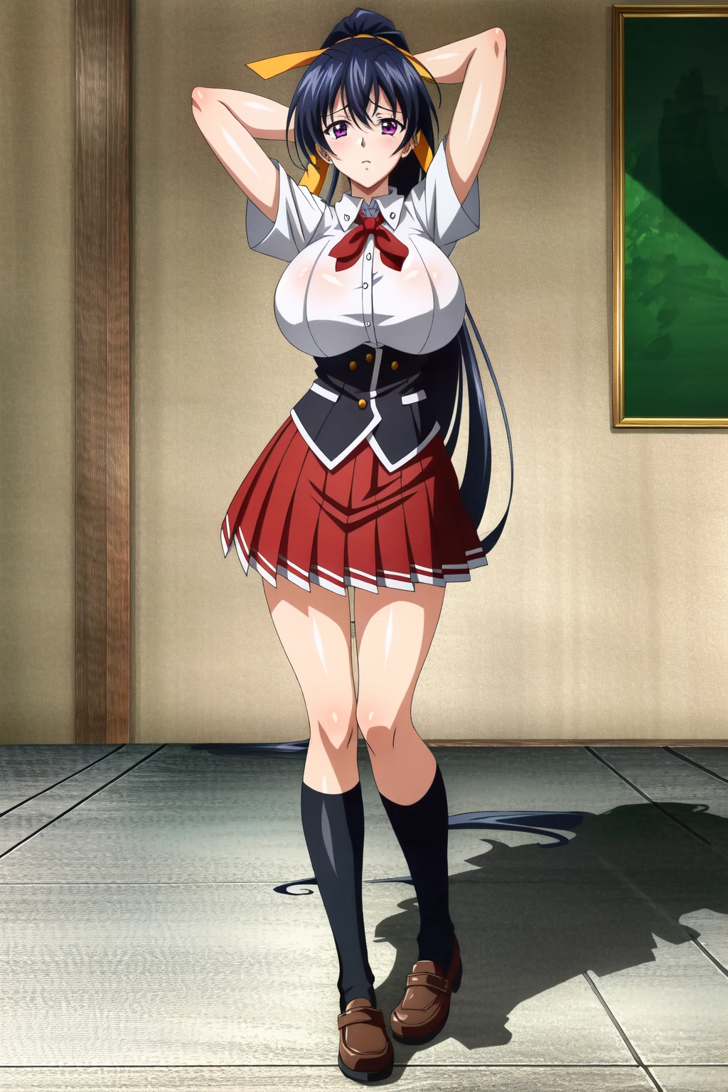 (extremely detailed CG unity 4k wallpaper),(masterpiece),(best quality),(ultra-detailed),(best illustration),(best shadow),(absurdres),(detailed background) <lora:OGT_Akeno_Himejima-v1:1> Akeno Himejima, 1girl, himejima akeno, solo, long hair, school uniform, very long hair, black hair, purple eyes, ponytail, ribbon, red skirt, hair ribbon, large breasts, full body, socks, breasts, arms behind head