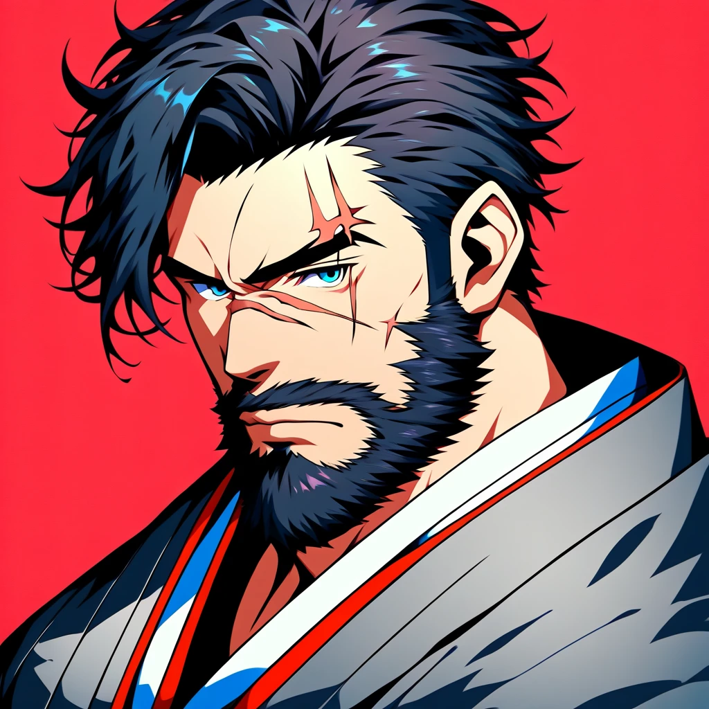 masterpiece, best quality, Niji Style, solo, looking at viewer, short hair, blue eyes, black hair, 1boy, closed mouth, upper body, male focus, japanese clothes, kimono, facial hair, scar, portrait, red background, beard, scar on face, serious, mature male, manly