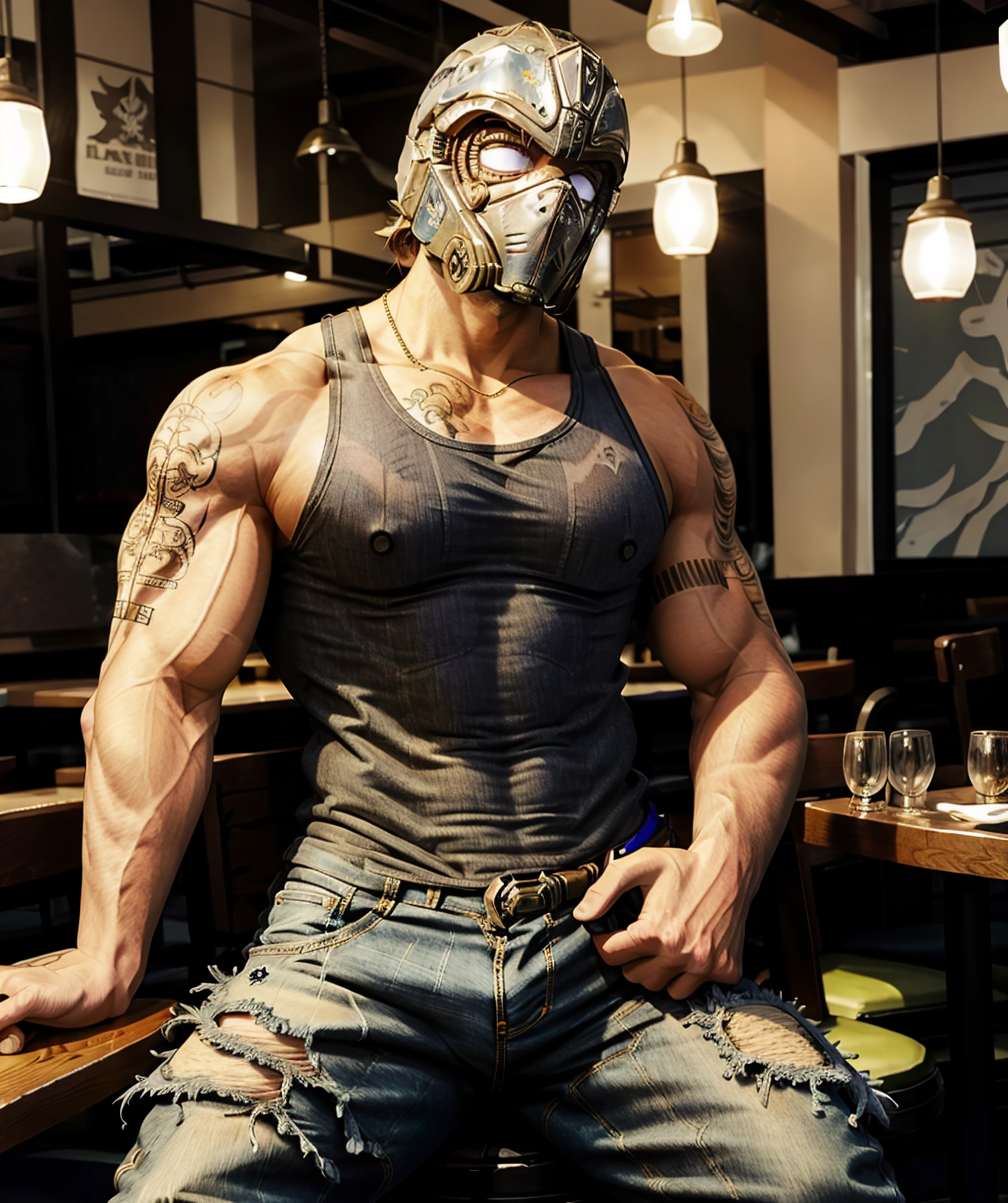 clayton_carmine, restaurant, sitting, tank top, long jeans, muscular, helmet, tattoo <lora:Clayton_Carmine:0.8>