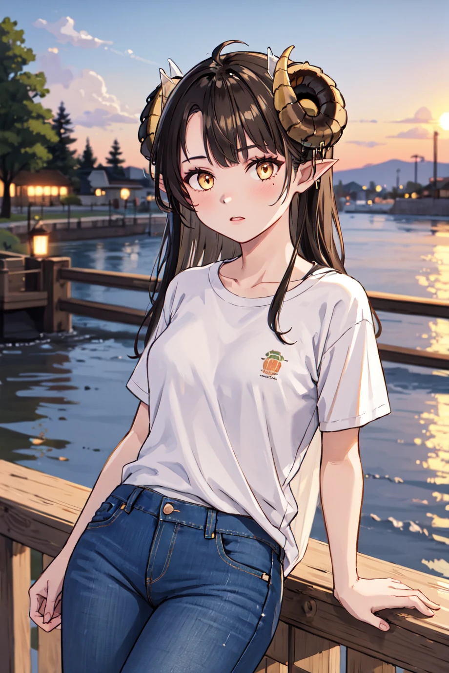 best quality, masterpiece, 1girl, <lora:Crosselle_-_Guardian_Tales-000006:0.9>, ccrosselle, goat horns, white t-shirt, jeans, bridge background, sunset