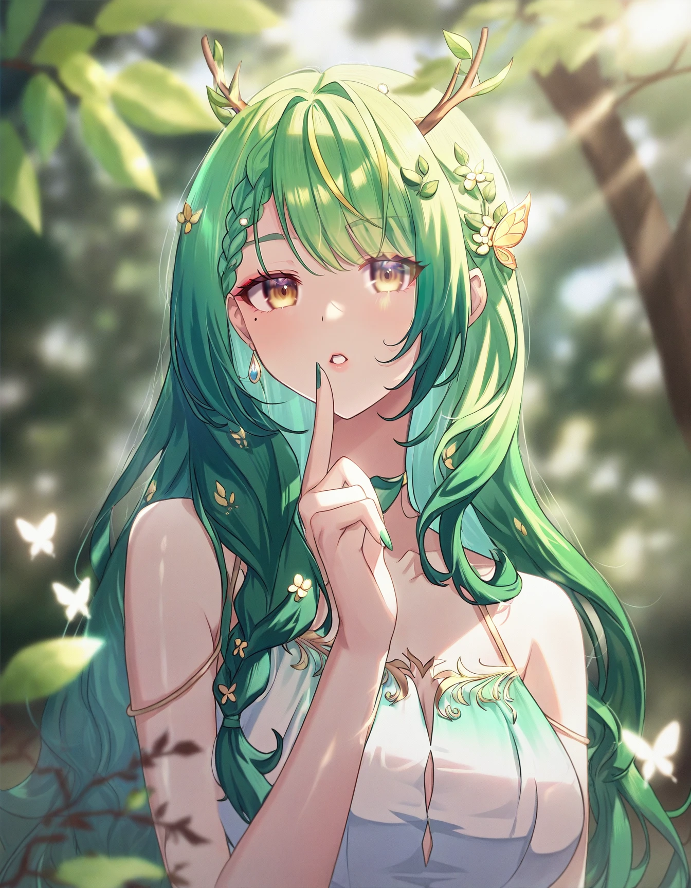 green hair demon girl, girl, one girl, purple wedding dress, face on camera, tight shirt, show large chest, dark isekai, shy girl, pitiful face, face forward to camera, asking pose, pink cheeks, half body, body on big chain, smile, yellow eyes, no nails, pink blushes, lying on grass, very big breast, cleavage, wet breast, leg_up, anime style 4 k, extremely detailed artgerm, demon anime girl, shiny skin