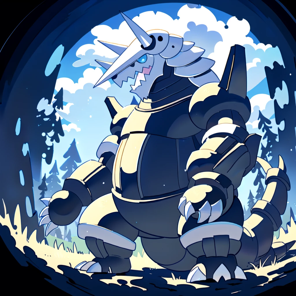 Aggron, solo, open mouth, tongue, upper body, grey background, looking down, standing, (((upper body))), sky, cloud, grass, tree, forest, day, arms outstretched