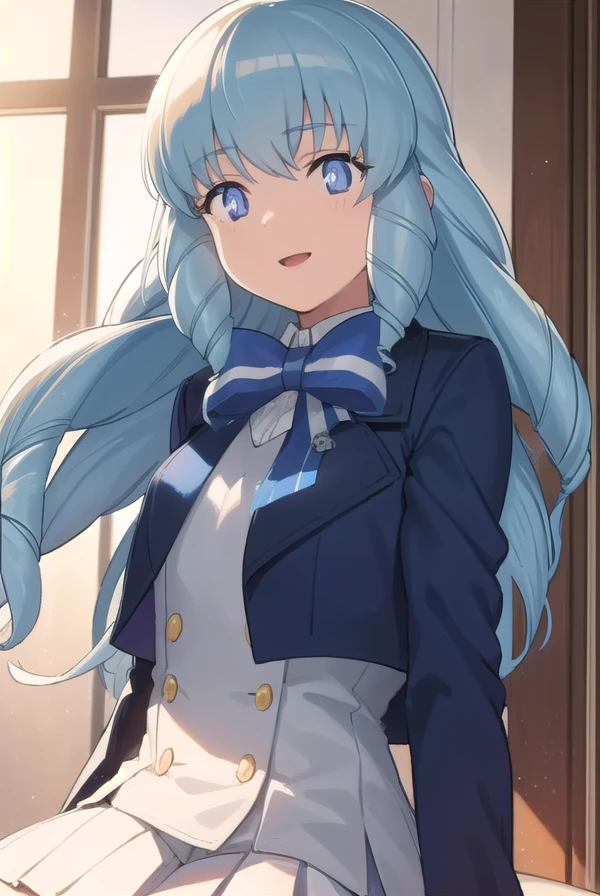 felicitationdudrakon, <lora:felicitation du drakon movie-lora-nochekaiser:1>,
felicitation du drakon, long hair, blue eyes, blue hair, drill hair, big hair, smile,
BREAK skirt, bow, jacket, pantyhose, pleated skirt, striped, bowtie, white skirt, white pantyhose, blue bowtie, blue jacket,
BREAK indoors, classroom,
BREAK looking at viewer, dynamic pose,
BREAK <lyco:GoodHands-beta2:1>, (masterpiece:1.2), best quality, high resolution, unity 8k wallpaper, (illustration:0.8), (beautiful detailed eyes:1.6), extremely detailed face, perfect lighting, extremely detailed CG, (perfect hands, perfect anatomy),