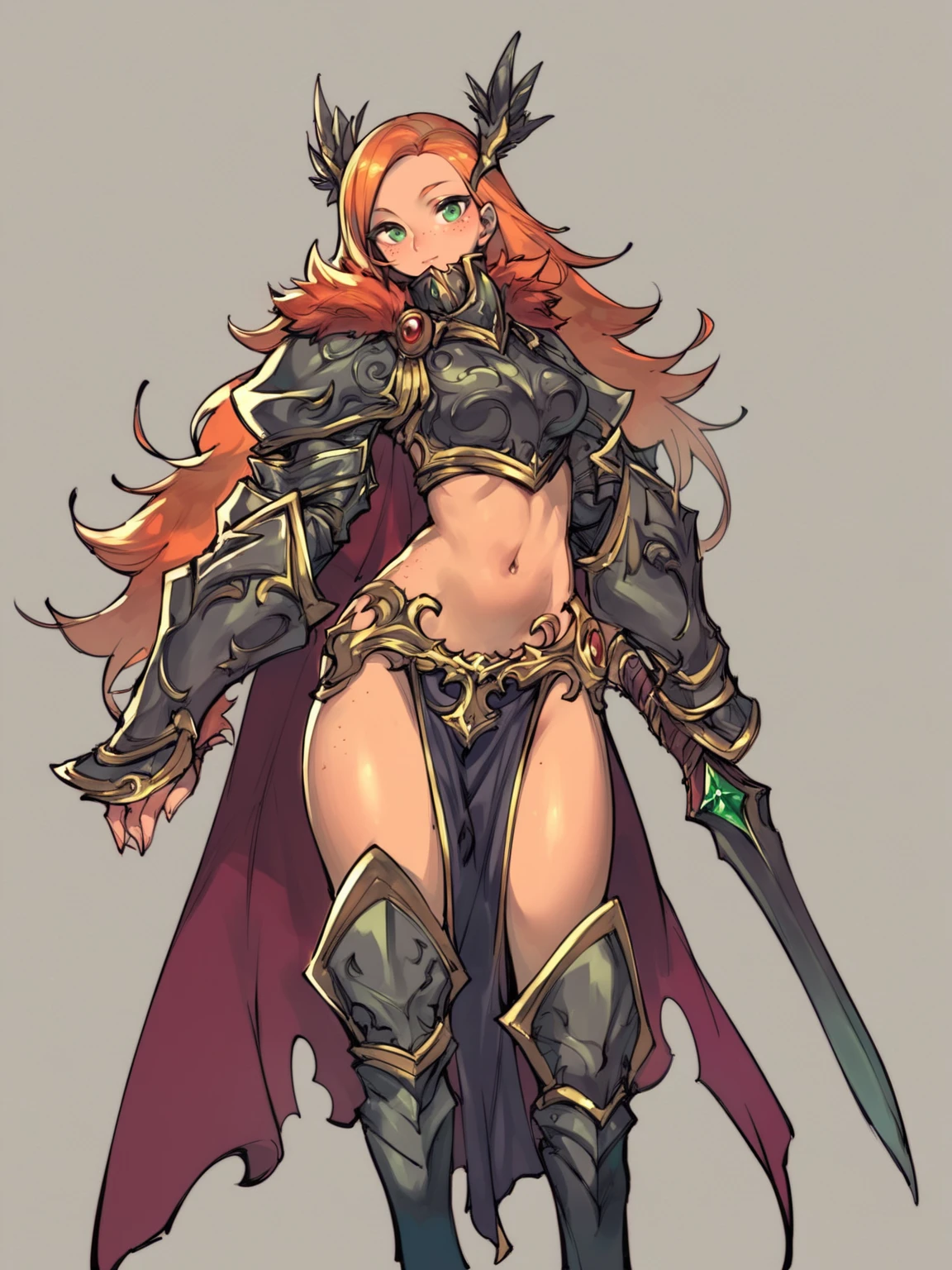 score_9, score_8_up, score_7_up, score_6_up, score_5_up, score_4_up,  BREAK high quality, highres, source_anime, score_9, 1girl holding a sword, long hair, orange hair, green eyes, freckles, armor, boots, fur trim, midriff, navel, pelvic curtain, red cape, looking at viewer, standing  <lora:KimHyungTaeXL:1>