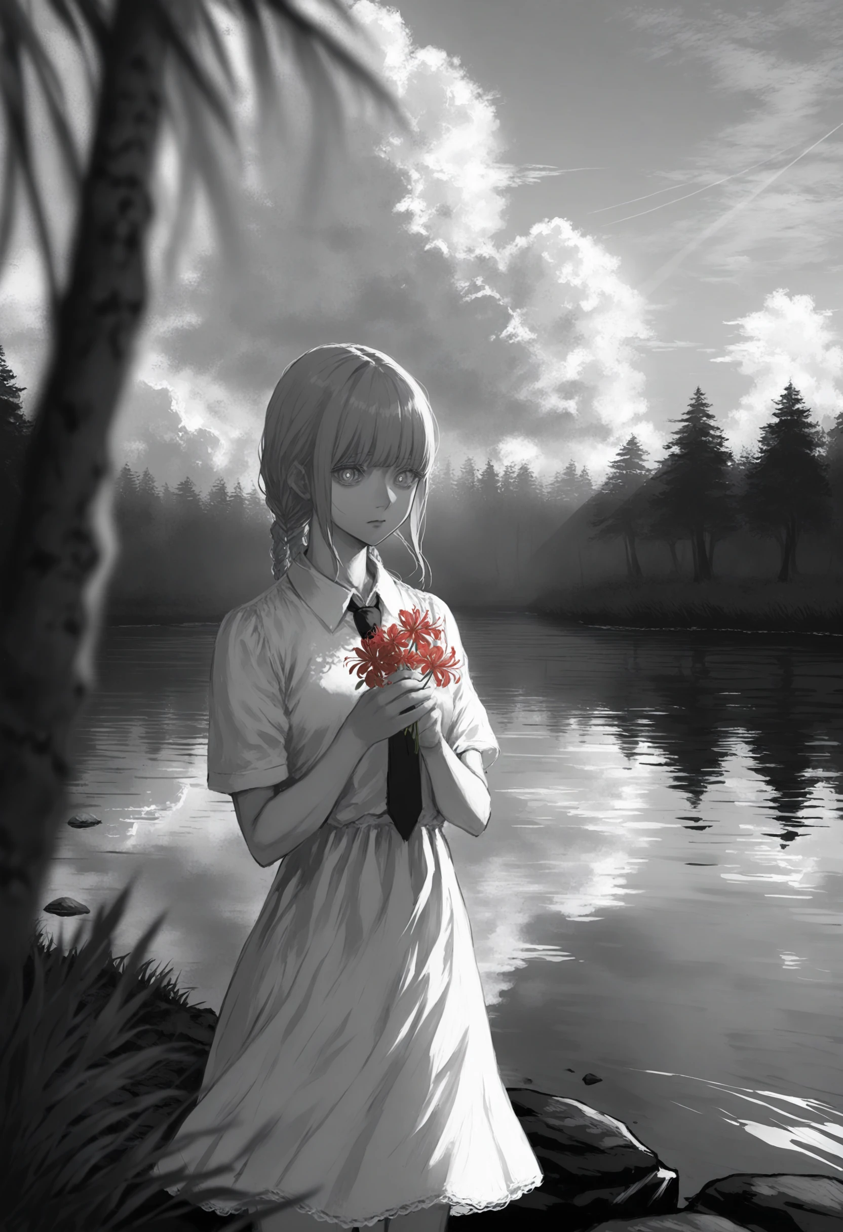 masterpiece, best quality <lora:sd_xl_dpo_lora_v1-128dim:1>,1girl, monochrome, greyscale, makima \(chainsaw man\), solo, ringed eyes, looking at viewer, bangs, simple background, white background, collared shirt, shirt, close-up, braided ponytail, closed mouth, medium hair, braid, expressionless, formal, necktie, portrait, sidelocks ,scenery, cherry blossoms, grass, outdoors, tree, petals, sunlight, day, architecture, spring (season), dappled sunlight, rock, flower, nature, solo, tree, dress, red flower, scenery, forest, sunlight, outdoors, spider lily, light rays, blurry, holding flower, white dress, depth of field, holding, standing, cloud, solo, sky, reflection, scenery, dress, outdoors, horizon, sunset, cloudy sky, standing, water, wide shot, blue sky, reflective water, ripples , <lora:ABKSKXLlokr2f-000147:1>