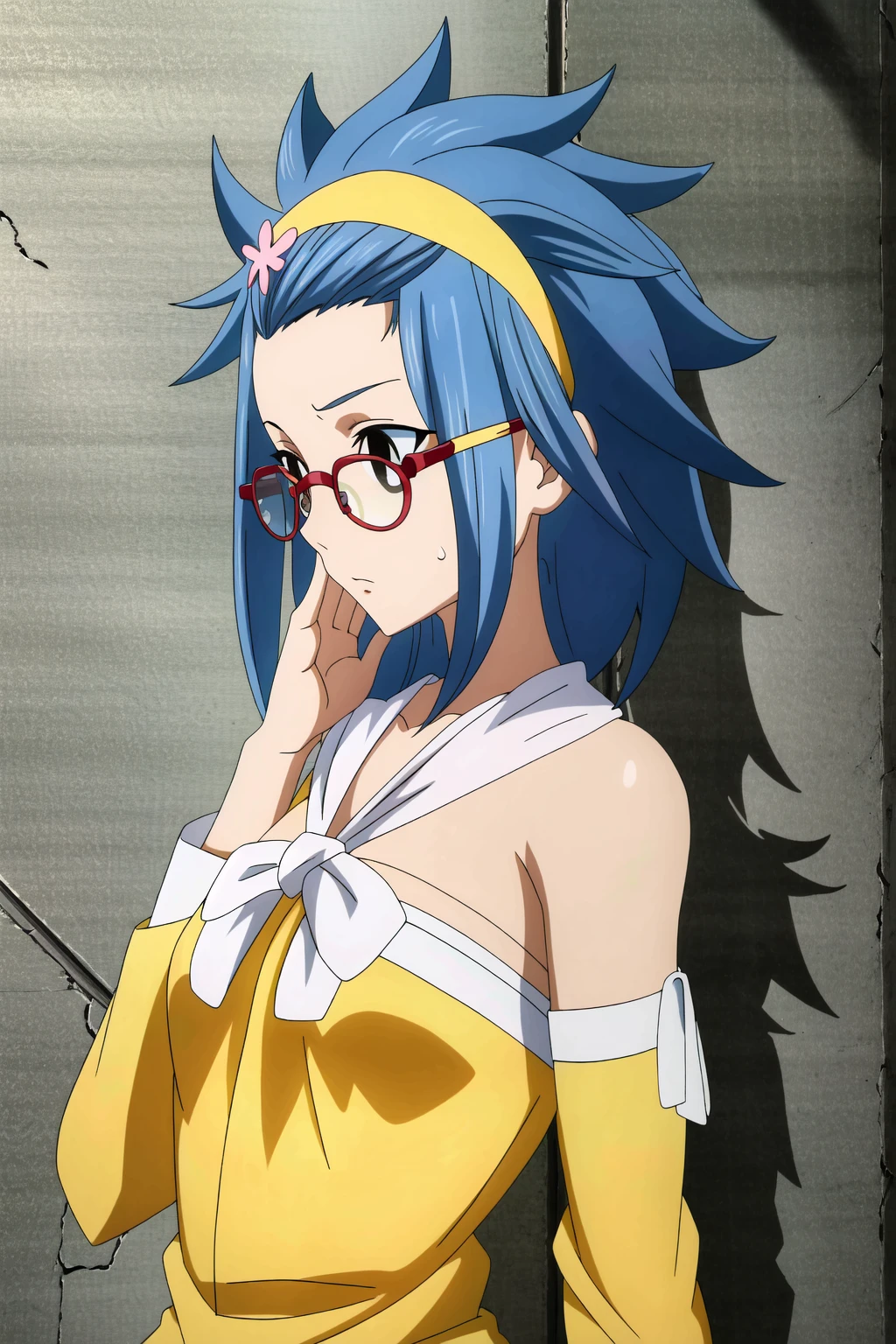 (extremely detailed CG unity 4k wallpaper),(masterpiece),(best quality),(ultra-detailed),(best illustration),(best shadow),(absurdres),(detailed background) <lora:OGT_Levy-v1:1> Levy McGarden, glasses, 1girl, adjusting eyewear, blue hair, 1boy, detached sleeves, bare shoulders, hair ornament