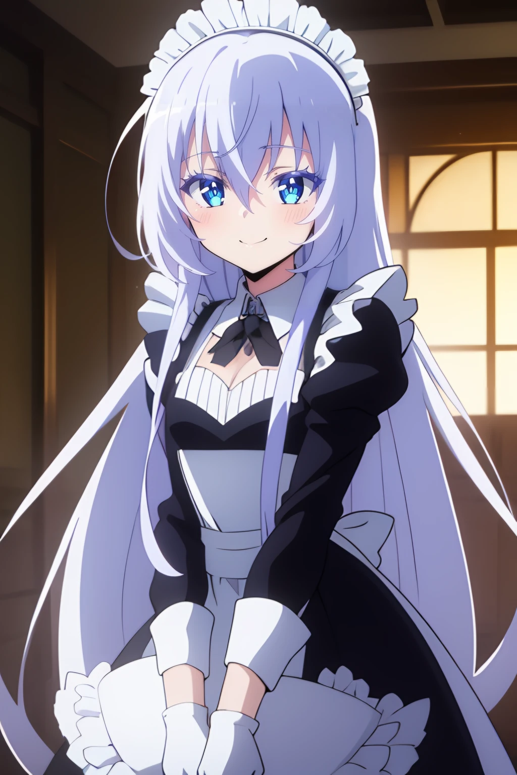 <lora:Luna:0.7>  luna, long_hair, 1girl, blue_eyes, solo, hair_between_eyes, white_hair,  bangs, smile ,maid, maid_headdress, white_gloves, cowboy shot, best_quality, highres, extremely_detailed, anime perfect detailed style, 8k, masterpiece, anime art style, anime coloring,