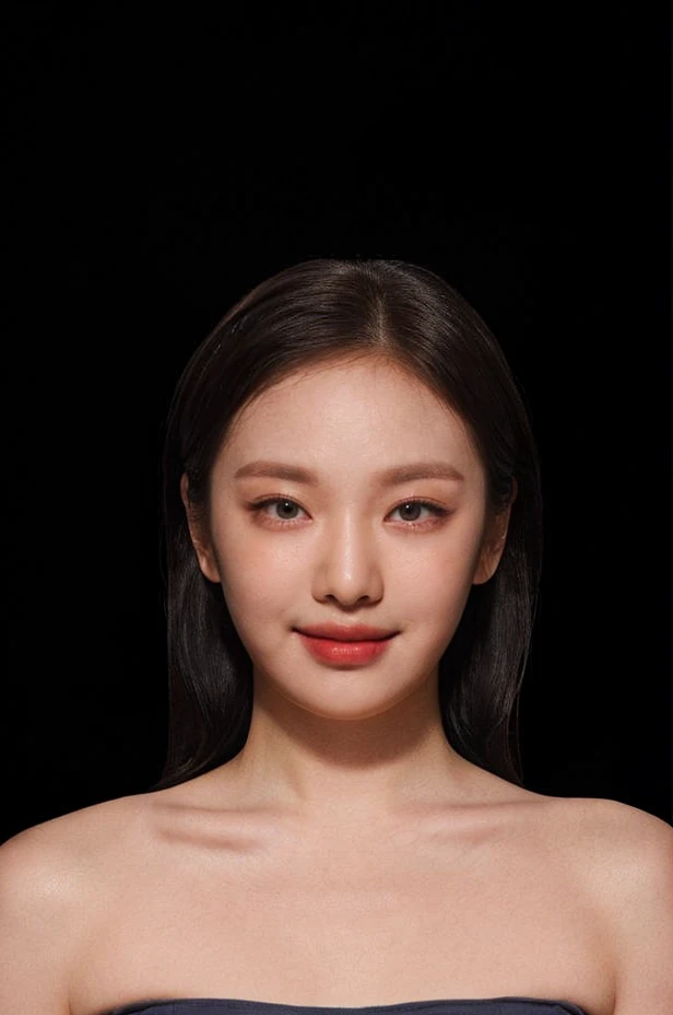 (extremely detailed eyes), korean idol, (((strapless))), raw photo, 1girl, (looking at viewer), upper body, ((full plain black background:1.3)), (Strapless_tube_top:1.5), bare shoulders, (((bare neck))), bare head, collarbone, (((closed mouth smile))), ((long black hair:1.3)), natural skin colour, <lora:ningninglorashy1_5:0.85>