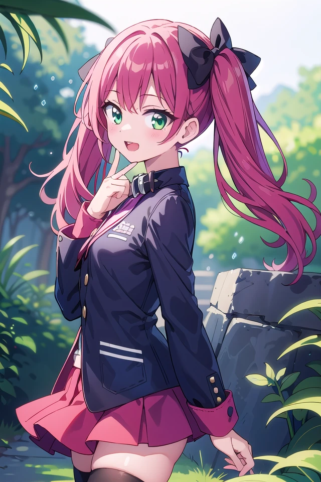 insanely detailed, absurdres, ultra-highres, ultra-detailed, best quality,
1girl, solo, nice hands, perfect hands
BREAK
jirai kei,thighhighs, skirt, twintails, pink skirt, collar, bow, black thighhighs, black bow, long hair, pink bow, hair bow, spiked collar
, (cleavage:-1.5)
BREAK
happy smile, laugh, open mouth
BREAK
from side,
standing, cowboy shot, looking at viewer
BREAK
slender, kawaii, perfect symmetrical face, ultra cute girl, ultra cute face, ultra detailed eyes, ultra detailed hair, ultra cute, ultra beautiful
BREAK
in forest, depth of field, ultra detailed background
BREAK
large breasts
BREAK
(red hair, green eyes), medium hair, hime cut
