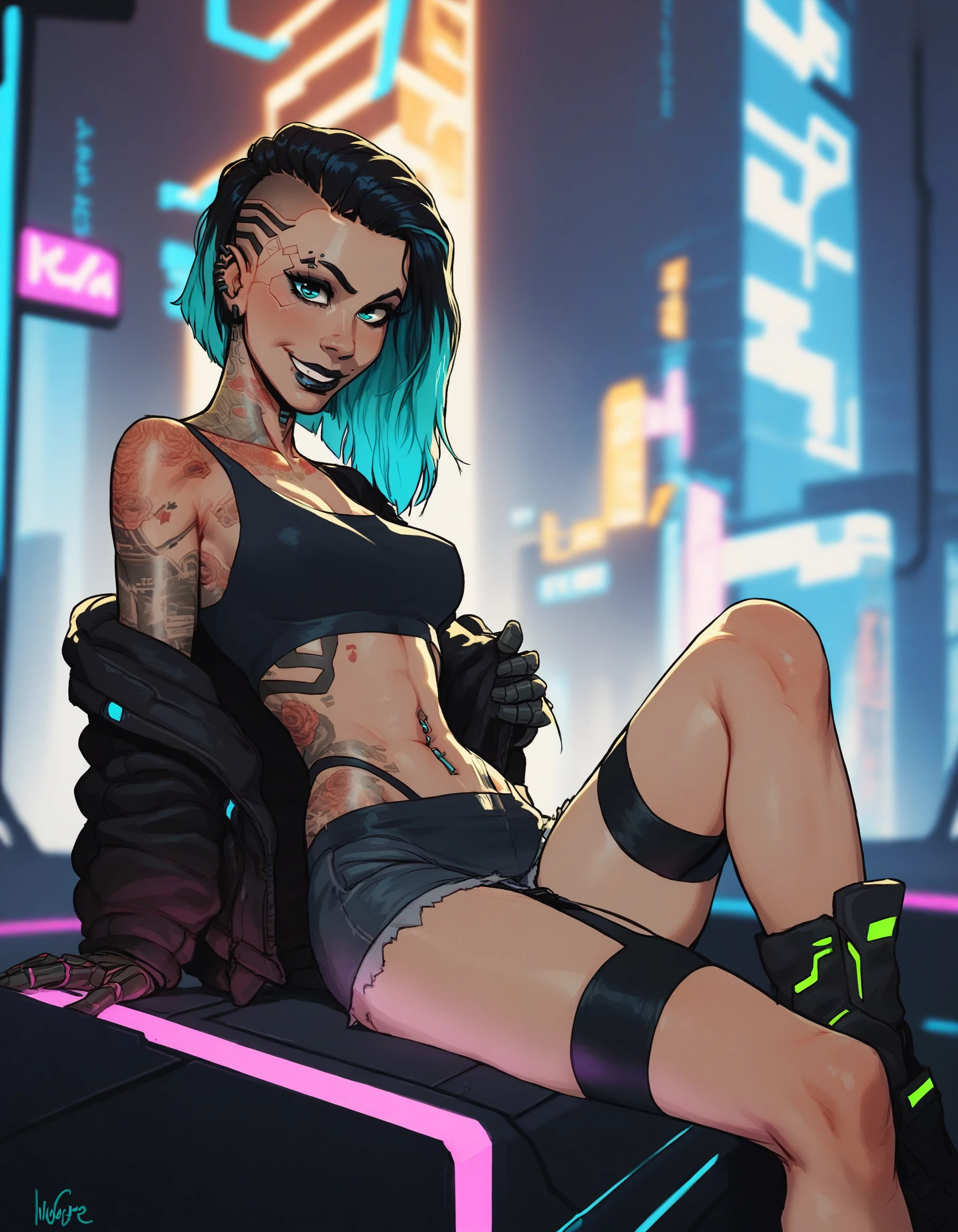 1girl, female, solo,
cyberpunk, cyborg, cybernetic implants, science fiction,
multicolored hair, looking at viewer, smile, piercings, tattoo,
sitting, dangling legs, overlooking city, cityscape, night city, neon lights, blurred background, midriff,
BREAK
score_9, score_8_up, score_7_up, source_cartoon, rating_safe
<lora:incase_style_ponyxl_ilff_v2:1>