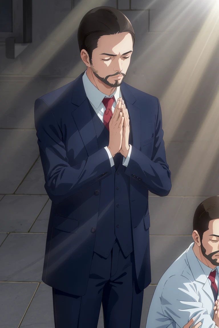 (solo male), Maeda, Asobi Asobase, butler, black hair, short hair, black eyes, facial hair, dark blue 3 Piece Suit, formal, white collared shirt, red necktie, dark blue vest, dark blue jacket, dark blue pants, mature, handsome, charming, alluring, calm, polite, standing, upper body, perfect anatomy, perfect proportions, best quality, masterpiece, high_resolution, cowboy shot, (simple background), ((light rays, holy lights from above)), closed eyes, ((folding hands together, AÃ±jali MudrÄ hands gesture)), view from front<lora:EMS-311919-EMS:0.700000>