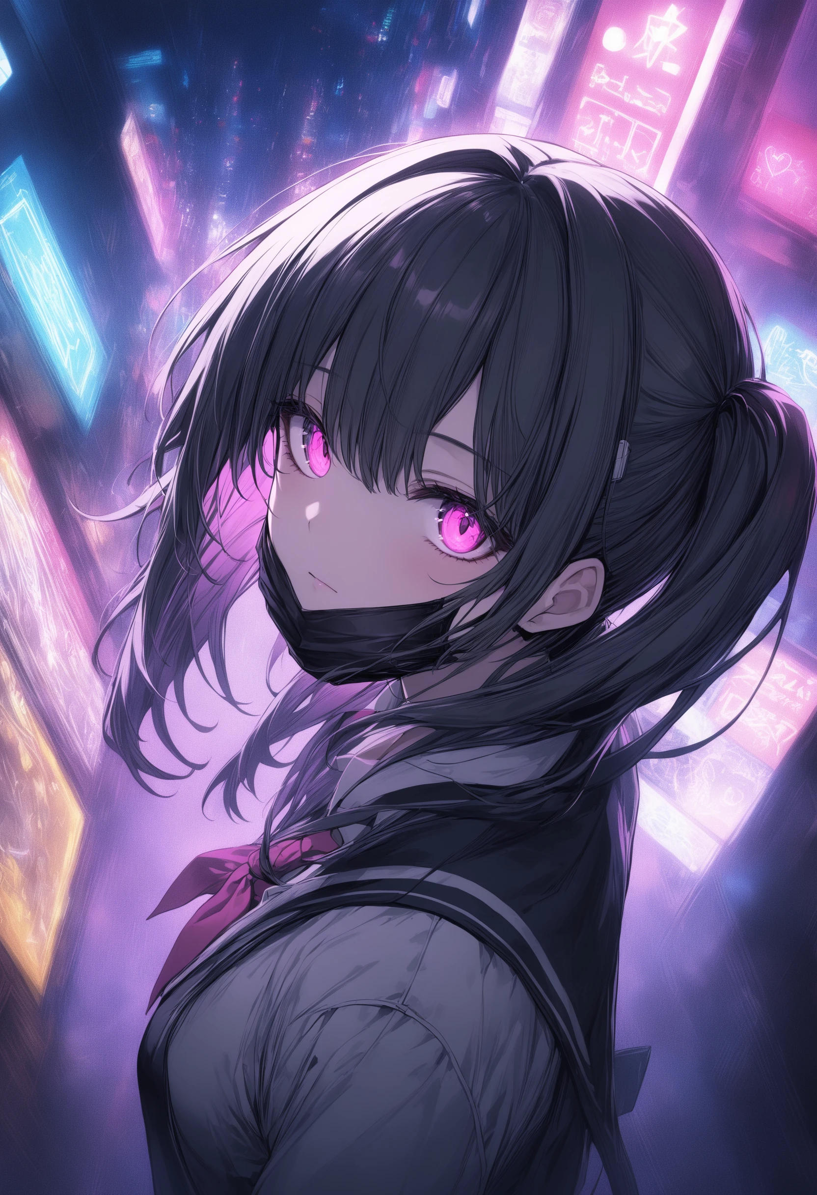 1girl, <lora:sdxl2-flat2-512b:-1>,medium breasts,school uniform,
<lora:jawmaskXLv1:0.6>,jawmask,black mask,
from above, portrait, looking to the side, contemptuous, rainy night in a cyberpunk city with glowing neon lights, closed mouth,
best quality,medium quality,