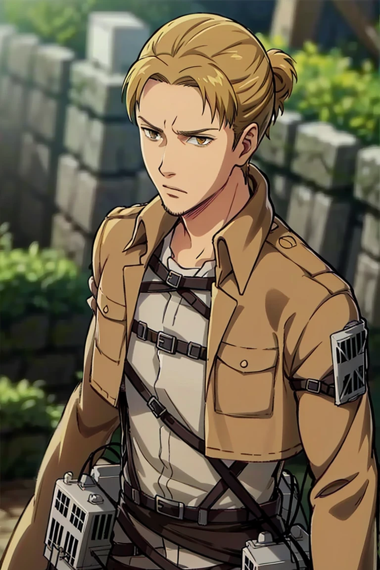 solo male, Eld Gin, Attack on Titan, blond hair, middle parting hair, single hair bun, brown eyes, sideburns, thin goatee, Scout Regiment uniform, white shirt underneath, brown jacket, white pants, three-dimensional maneuver gear, mature, handsome, charming, alluring, (portrait, close-up), perfect anatomy, perfect proportions, best quality, masterpiece, high_resolution, dutch angle, photo background, AttackonTitan<lora:EMS-314283-EMS:0.800000>, <lora:EMS-26599-EMS:0.500000>