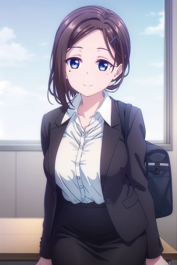 tawawakouhai, <lora:tawawa kouhai s1-lora-nochekaiser:1>,
kouhai, short hair, blue eyes, brown hair, hair ornament, hairclip, mole, mole under eye, smile,
BREAK skirt, shirt, white shirt, collared shirt, black skirt, dress shirt, formal, suit, pencil skirt, office lady,
BREAK indoors, classroom,
BREAK looking at viewer, dynamic pose,
BREAK <lyco:GoodHands-beta2:1>, (masterpiece:1.2), best quality, high resolution, unity 8k wallpaper, (illustration:0.8), (beautiful detailed eyes:1.6), extremely detailed face, perfect lighting, extremely detailed CG, (perfect hands, perfect anatomy),