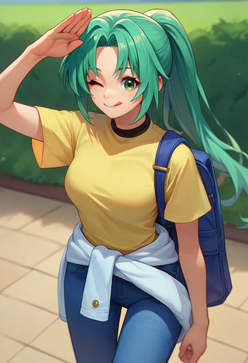 score_9, score_8_up, score_7_up, source_anime, Mion Sonozaki, green eyes, ponytail, yellow T-shirt, white clothes around waist, jeans, salute, one eye closed, tongue out, <lora:MionCAME2-000008:1>