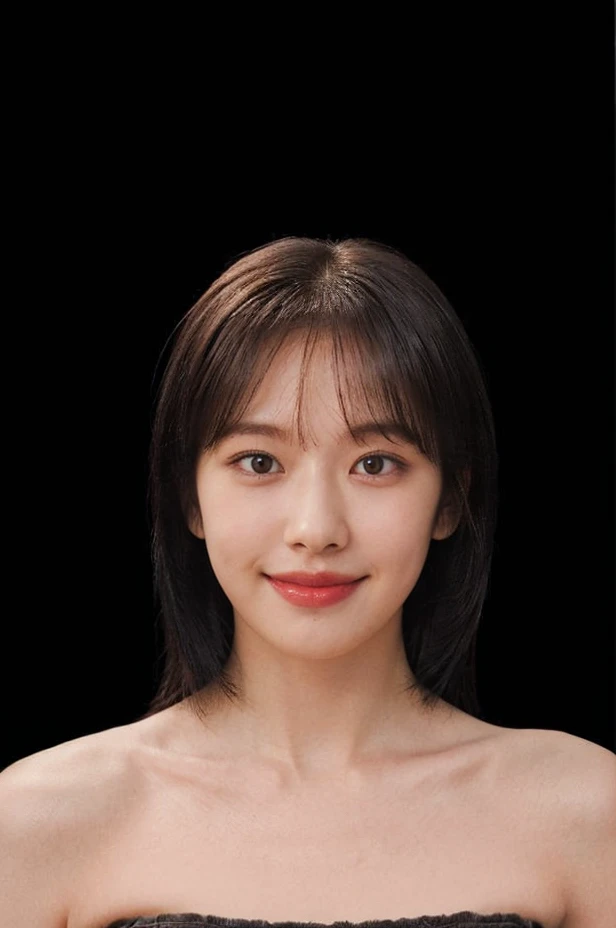 (extremely detailed eyes), korean idol, (((strapless))), raw photo, 1girl, (looking at viewer), upper body, ((full plain black background:1.3)), (Strapless_tube_top:1.5), bare shoulders, (((bare neck))), bare head, collarbone, (((closed mouth smile))), ((wolfcut hair with bangs:1.3)), natural skin colour, skinny face,<lora:yujinlorashyv1_5:0.85>