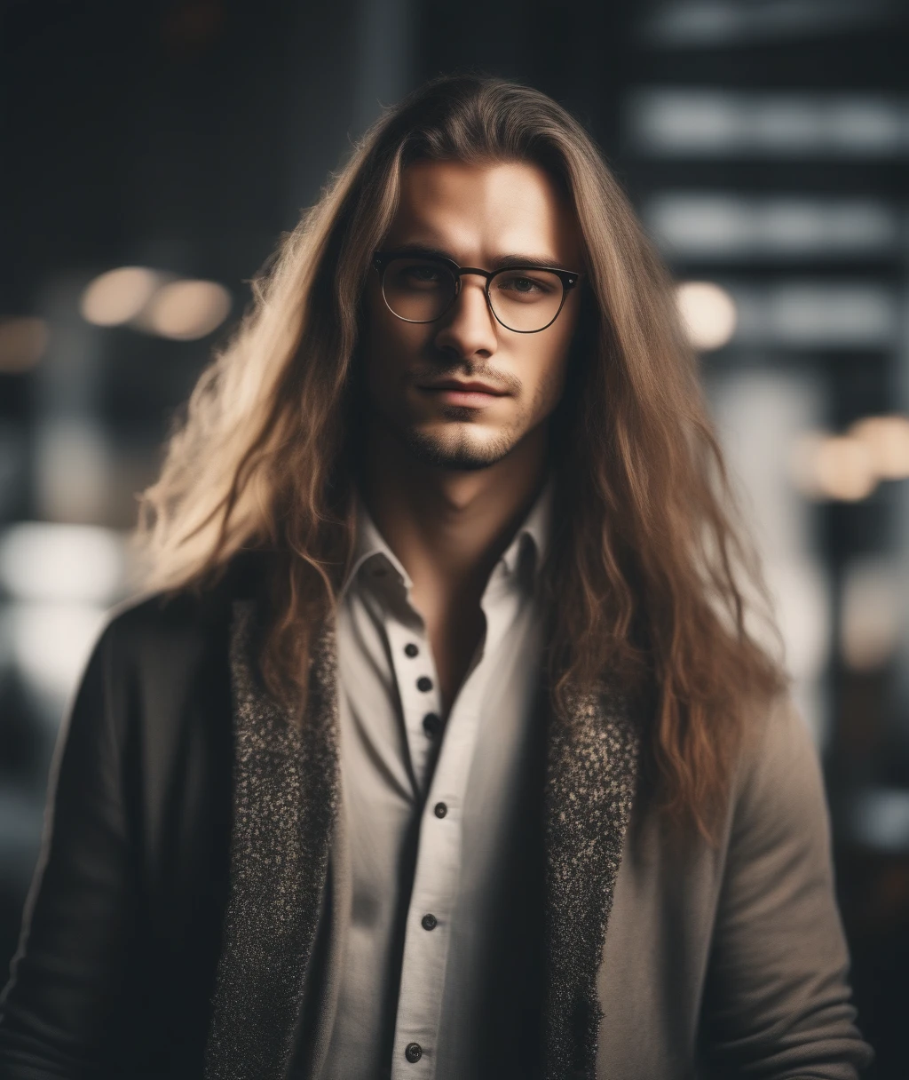man in glasses with short hair, fashionable clothes, handsome face, detailed photo, bokeh, contrast photo, neutral bright light