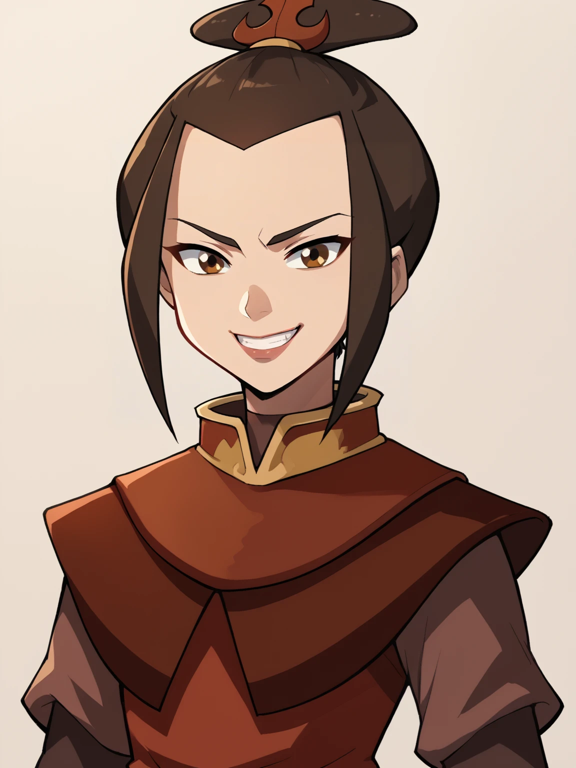 score_9, score_8_up, score_7_up, score_6_up, score_5_up, score_4_up, BREAK, source_cartoon, source_anime, 1girl, azula, brown hair, brown eyes, armor, upper body, smile, looking at viewer, solo, simple background     <lora:AzulaXL:1>