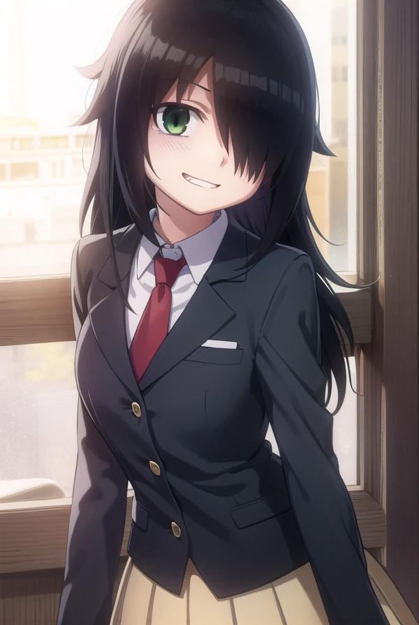 tomokokuroki, <lora:tomoko kuroki s1-lora-nochekaiser:1>,
tomoko kuroki, long hair, black hair, (green eyes:1.3), (hair over one eye:1.5), bags under eyes, smile, grin,
BREAK skirt, school uniform, necktie, blazer,
BREAK indoors, classroom,
BREAK looking at viewer, dynamic pose,
BREAK <lyco:GoodHands-beta2:1>, (masterpiece:1.2), best quality, high resolution, unity 8k wallpaper, (illustration:0.8), (beautiful detailed eyes:1.6), extremely detailed face, perfect lighting, extremely detailed CG, (perfect hands, perfect anatomy),