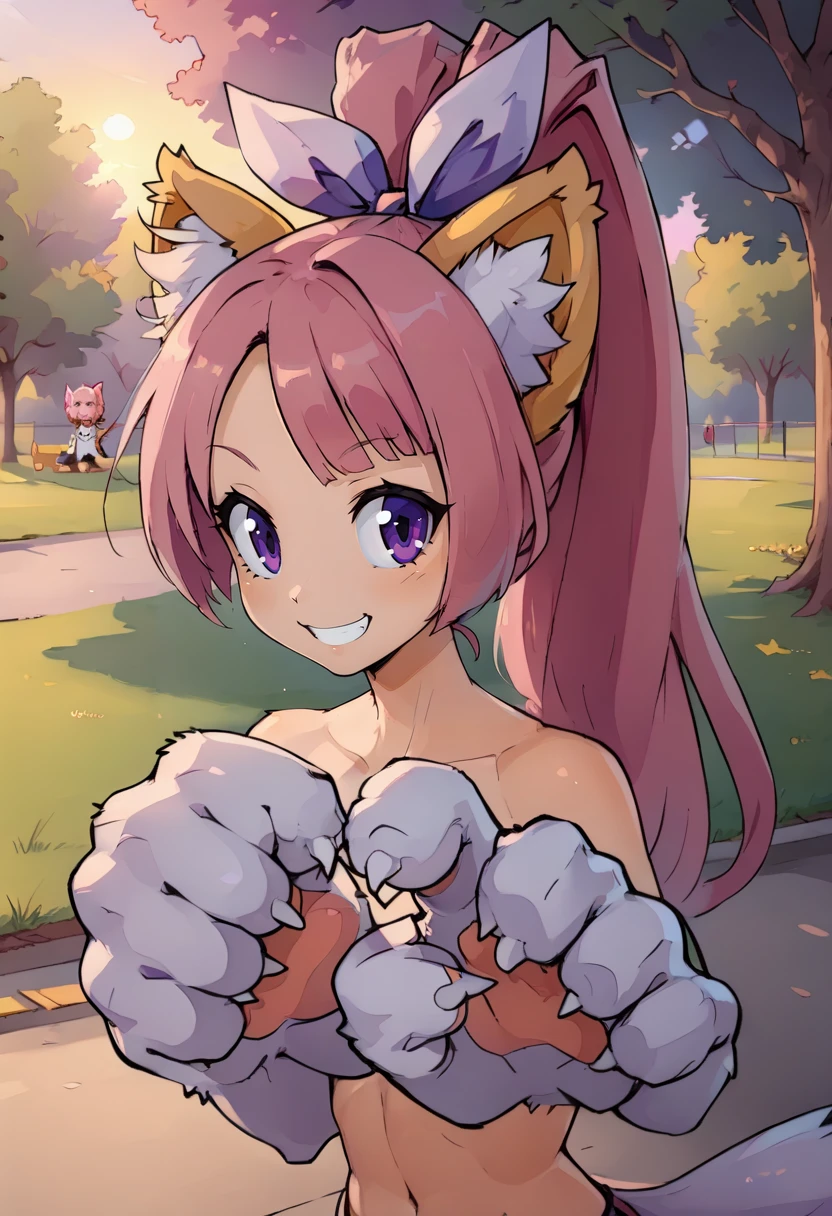 felynnxl,purple eyes,pink hair,ponytail,white hair ribbon,
cat hands,smiling,
morning,park,<lora:Felynn:1>,