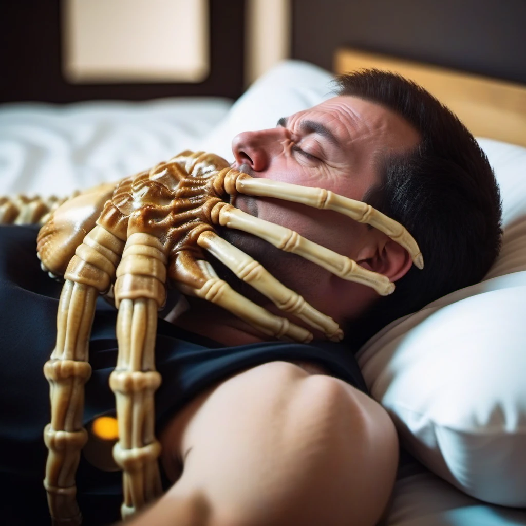 cinematic photo a man sleeping with a facehugger on the face<lora:Facehugger1024:0.8> . 35mm photograph, film, bokeh, professional, 4k, highly detailed