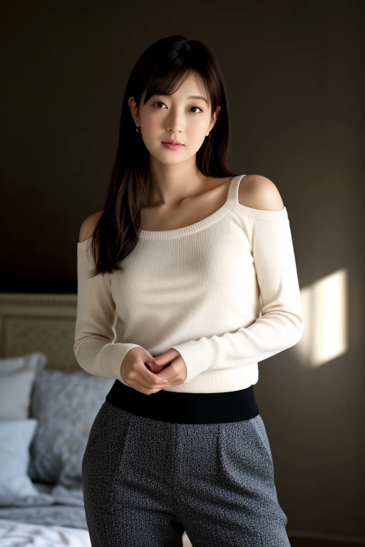 hwgirl,best quality,realistic,masterpiece,photography,portrait, Lady, Average Height, Firm, Square Face, Dark Skin, Strawberry Blonde Hair, dark brown Eyes, Wide Nose, Pouty Lips, Prominent Chin, Shoulder-Length Hair, Coarse Hair, Blunt Cut Bangs, large breasts, Huggie earrings, terracotta cream lipstick, A lightweight knit sweater with corduroy pants and sneakers, muttering under your breath, spill light, Highlights,