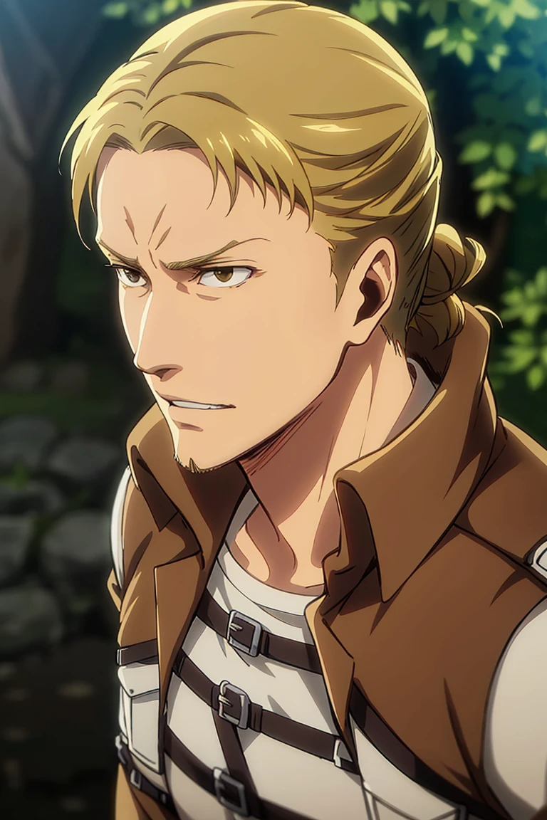 solo male, Eld Gin, Attack on Titan, blond hair, middle parting hair, single hair bun, brown eyes, sideburns, thin goatee, Scout Regiment uniform, white shirt underneath, brown jacket, white pants, three-dimensional maneuver gear, mature, handsome, charming, alluring, (portrait, close-up), perfect anatomy, perfect proportions, best quality, masterpiece, high_resolution, dutch angle, photo background, AttackonTitan<lora:EMS-314283-EMS:0.800000>, <lora:EMS-26599-EMS:0.200000>