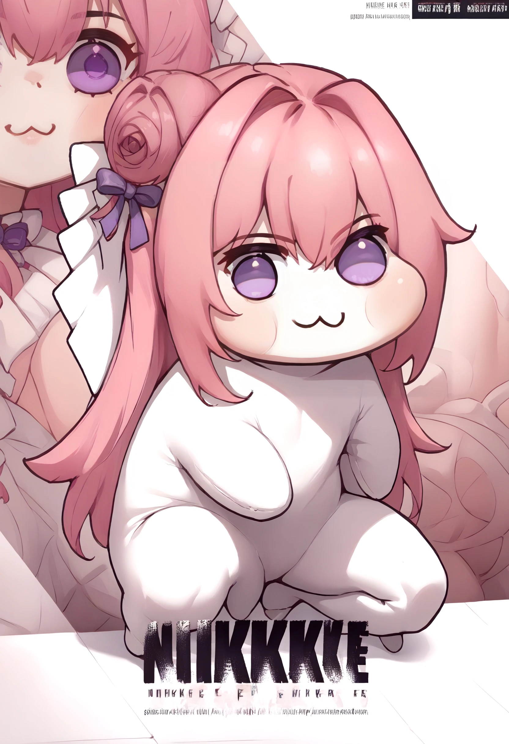 1girl with long pink hair, red eyes, two horns on head, big breasts, nude, pink and white striped stockings, shy face, (((chibi style))), pussy ,nipples
