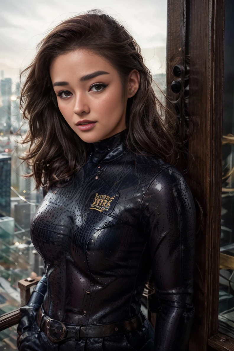 <lora:Superhero_suit-000007:0.3>,<lora:more_details:0.4>, (ambient lighting:1.2), (volumetric lighting:1.2), (fine details:1.1), photorealistic, depth of field,<lora:opt-lizasoberano:1> opt-lizasoberano, brown hair, brown eyes, woman, hombre hair, dark blue superhero bodysuit:2, focus on character, solo, from front, front view, detailed face, cityscape background, sexy, cute