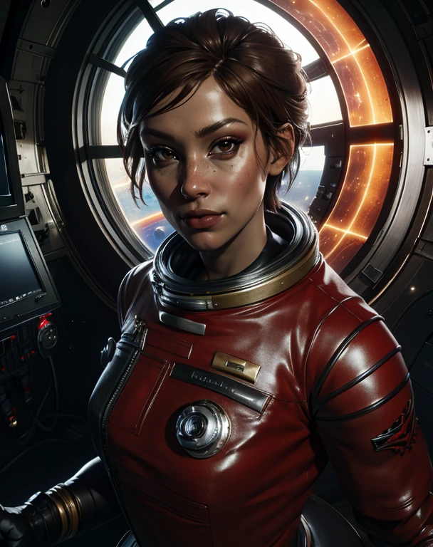 MorgunYu,short brown hair,brown eyes,
standing,upper body,light smile,
skin tight,black and red spacesuit,
space station,dark,lounge area,
(insanely detailed, beautiful detailed face, masterpiece, best quality),<lora:MorgunYu:0.8>,