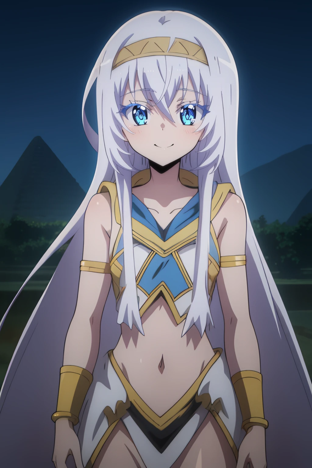 <lora:Luna:0.8> luna, long_hair, 1girl, blue_eyes, solo, hair_between_eyes, white_hair, bangs, smile , <lora:EgyptianClothes:0.7> egyptian clothes, jewelry, navel, bracelet, bare shoulders, earrings, hairband, cowboy shot, best_quality, highres, extremely_detailed, anime perfect detailed style, 8k, masterpiece, anime art style, anime coloring,