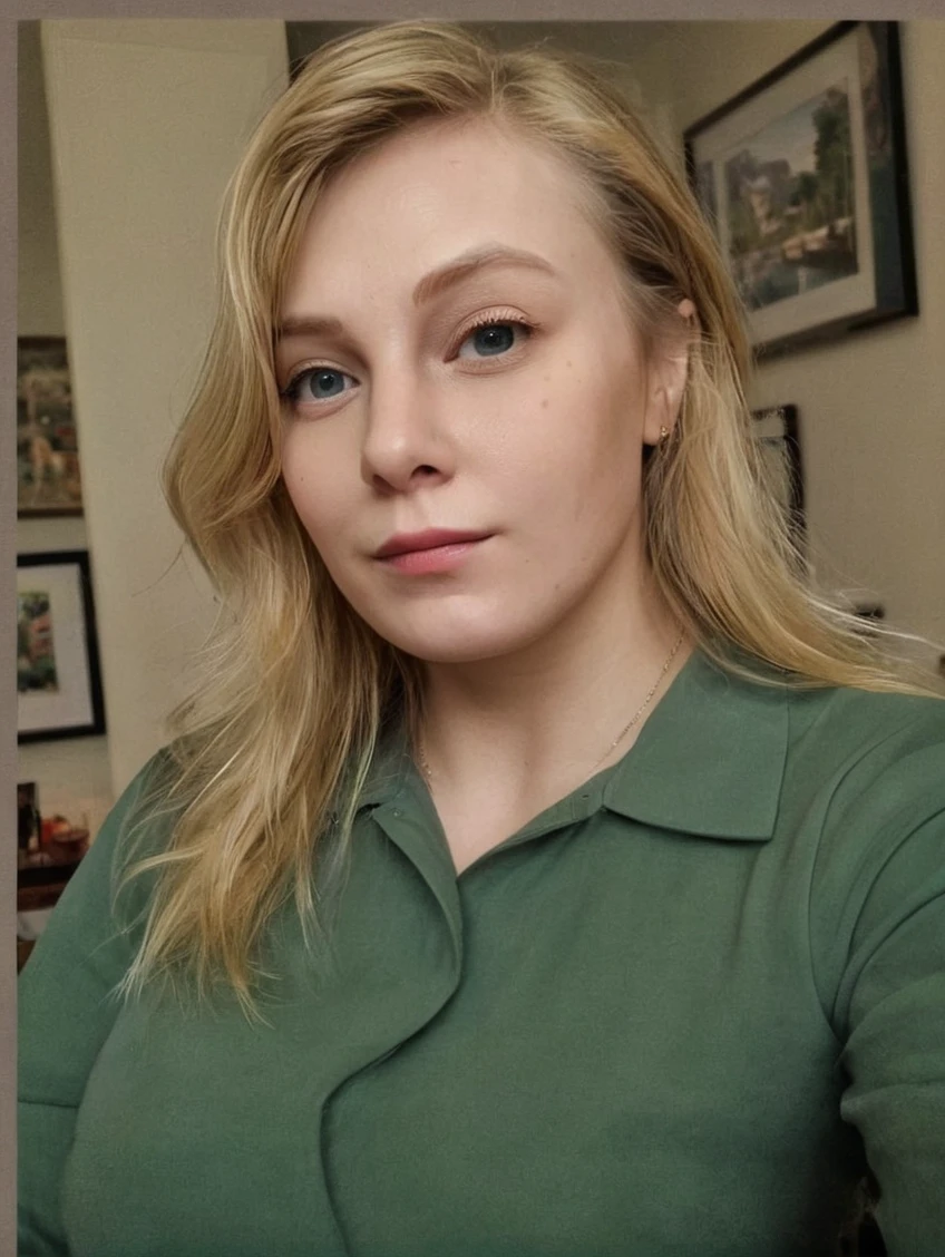a beautiful picture of sydsnapXL, detailed skin texture,masterpiece, photorealistic, woman, 4k, RAW color photo,(fully in frame:1.1), (blush:0.5), (goosebumps:0.5),blonde,<lora:sydsnapXL:1> wearing a green blouse