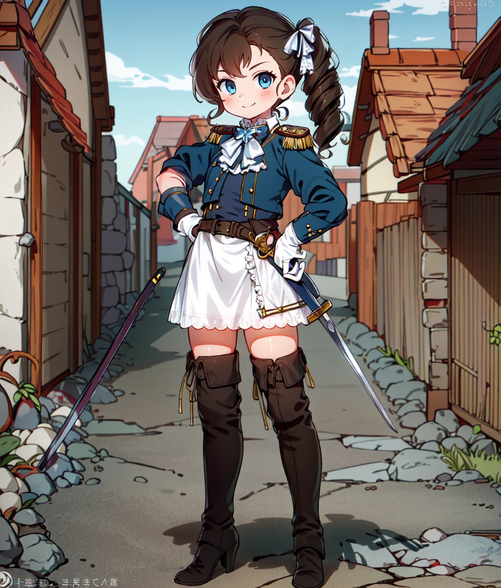 masterpiece, blue eyes, boots, bow, brown footwear, brown hair, brown thighhighs, closed mouth, dress, epaulettes, full body, gloves, hair bow, hand on own hip, high heel boots, high heels, leather, leather boots, looking at viewer, rapier, ringlets, short dress, side ponytail, single glove, sleeves past wrists, smile, solo, standing, sword, thigh boots, thighhighs, unworn gloves, watermark, weapon, white dress, white gloves, zettai ryouiki, outdoors, medieval town  <lora:Pauline :1>