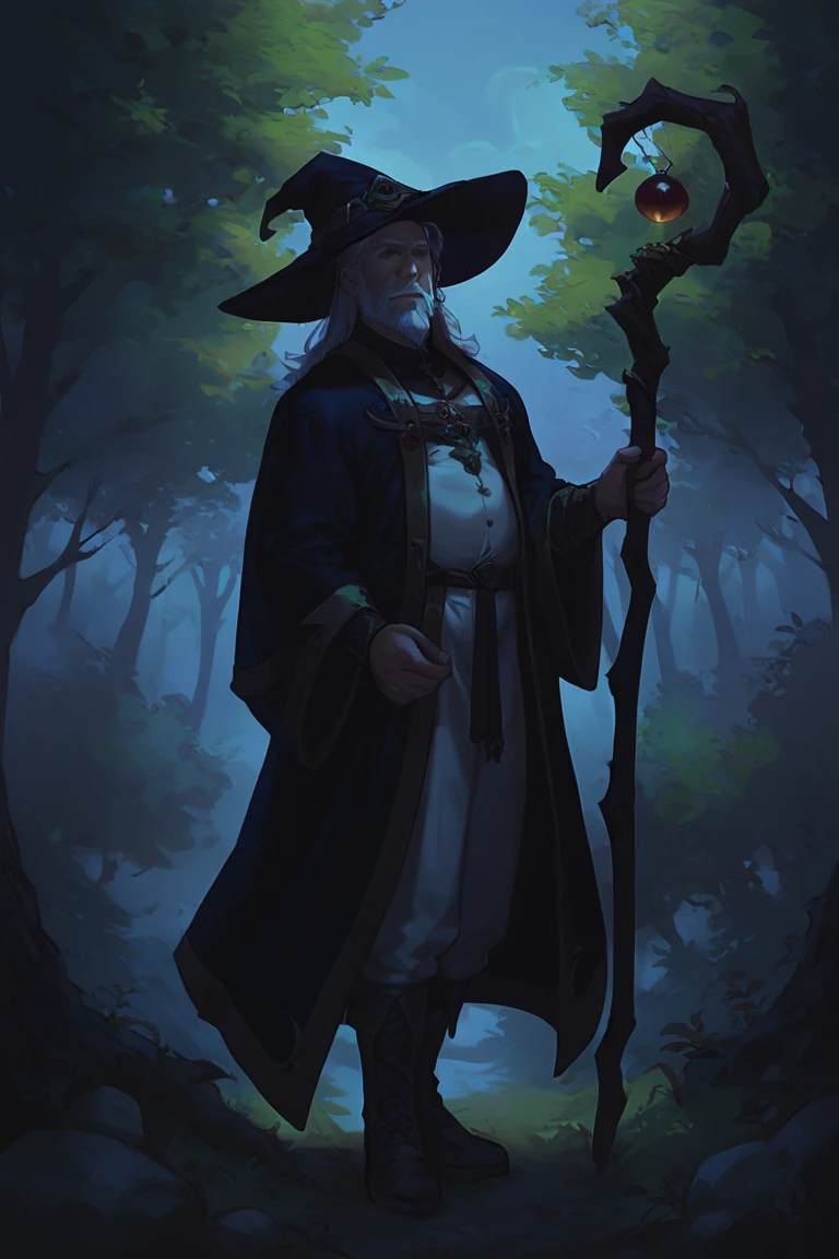 score_9, score_8_up, score_7_up, wizard, old, 1boy, old man, male focus, hat, beard, solo, staff, witch hat, facial hair, forest, nature, robe, long hair, looking at viewer, tree, holding, white hair, outdoors, holding staff, boots <lora:Smooth Night Style SDXL_LoRA_Pony Diffusion V6 XL:1>