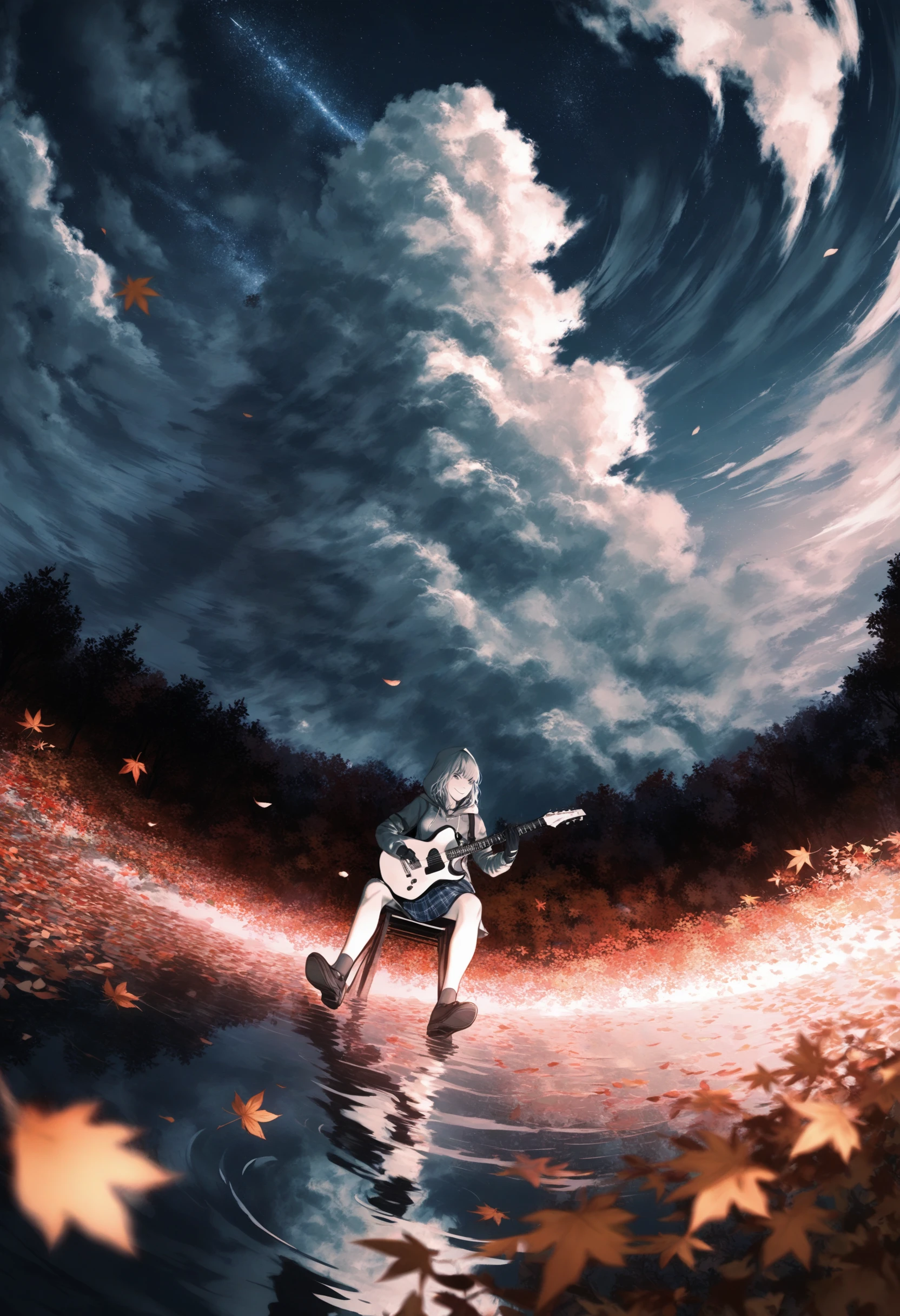 masterpiece, best quality <lora:sd_xl_dpo_lora_v1-128dim:1>,solo, gloves, no humans, monochrome ,flower, sky, scenery, outdoors, star (sky), starry sky, blue flower, field, cloud, night, petals, night sky, building, flower field, ruins, solo, instrument, sitting, shoes, leaf, hood down, guitar, hood, outdoors, hoodie, loafers, autumn leaves, stairs, holding instrument, school uniform, holding, long sleeves, playing instrument, music, falling leaves, autumn, day, tree, bangs, smile, dutch angle, electric guitar, plectrum, cloud, sky, outdoors, scenery, solo, reflection, tree, blue sky, leaf, day, autumn leaves, dress, water, cloudy sky, standing, wide shot, petals, autumn, shoes, ripples, blue dress, falling leaves, short sleeves, blurry , <lora:ABKSKXLlokr2f-000147:1>