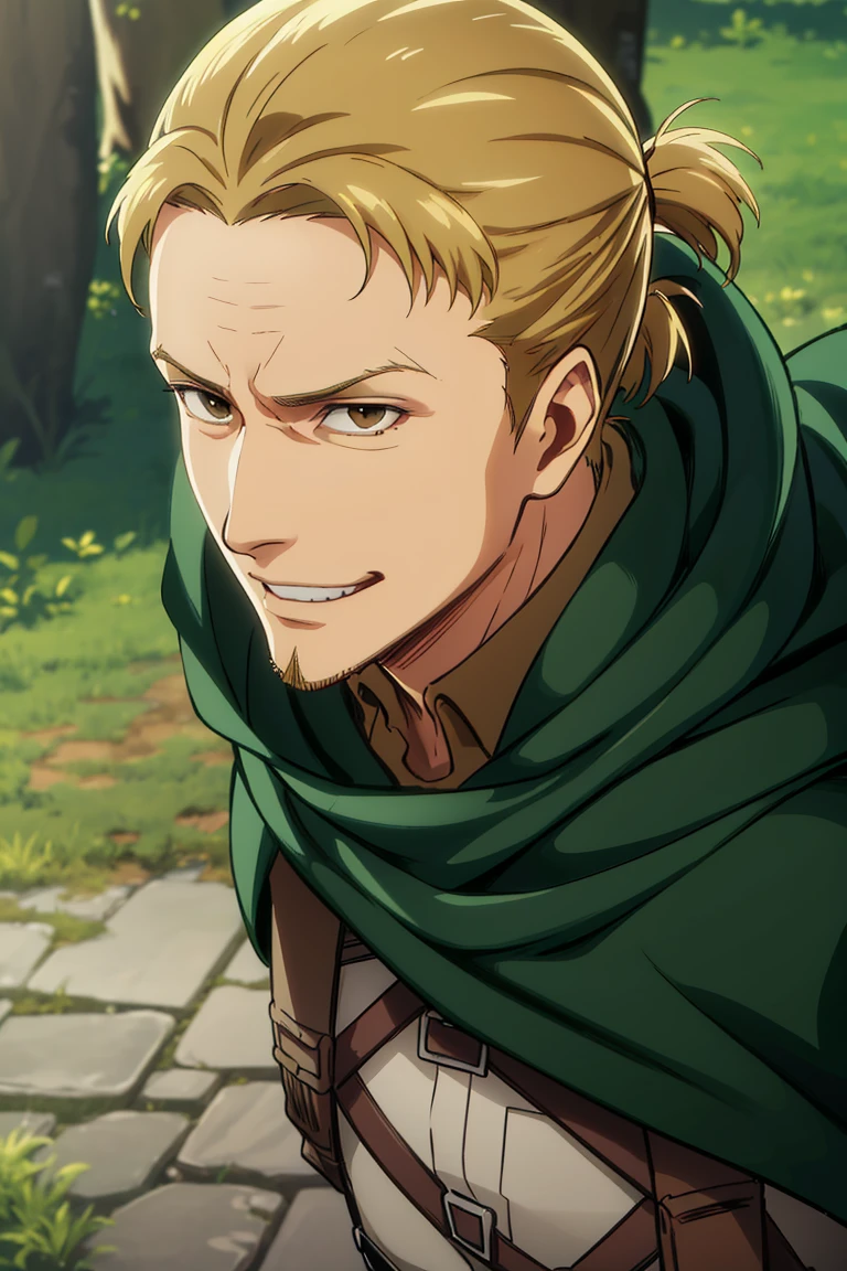 solo male, Eld Gin, Attack on Titan, blond hair, middle parting hair, single hair bun, brown eyes, sideburns, thin goatee, Scout Regiment uniform, white shirt underneath, brown jacket, white pants, green cloak, three-dimensional maneuver gear, mature, handsome, charming, alluring, (portrait, close-up), smile, perfect anatomy, perfect proportions, best quality, masterpiece, high_resolution, dutch angle, photo background, AttackonTitan<lora:EMS-314283-EMS:0.800000>, <lora:EMS-26599-EMS:0.200000>