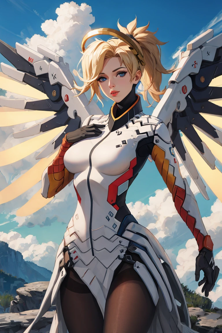 <lora:MercyOW:1>, MercyOW, 1girl, solo, long hair, breasts, looking at viewer, blue eyes, blonde hair, gloves, holding, large breasts, ponytail, pantyhose, cowboy shot, parted lips, wings, sky, black gloves, artist name, cloud, armor, lips, bodysuit, glowing halo, high ponytail, pelvic curtain, brown pantyhose, nose, mechanical halo, mechanical wings, spread wings, yellow wings, (best quality, high quality, highres, detailed background, absurdres, detailed, HDR,:1.2), colorful, soft lighting, side lighting, reflected light, intricate and beautiful, photorealistic