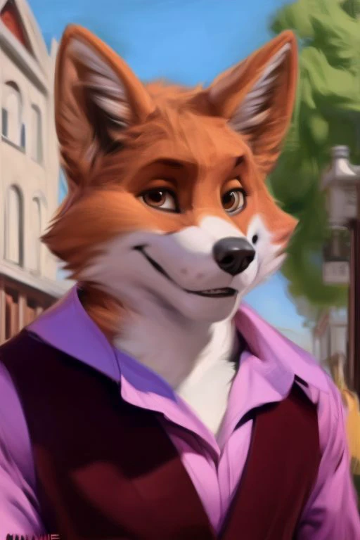 (by Meesh:1.0), (by darkgem:0.8), (by chunie:1), masterpiece, looking at viewer, male, anthro, <slora:add_detail:0.4>, (Foxy Bingo, Fox, Suit, Pink Shirt),  (Realistic)