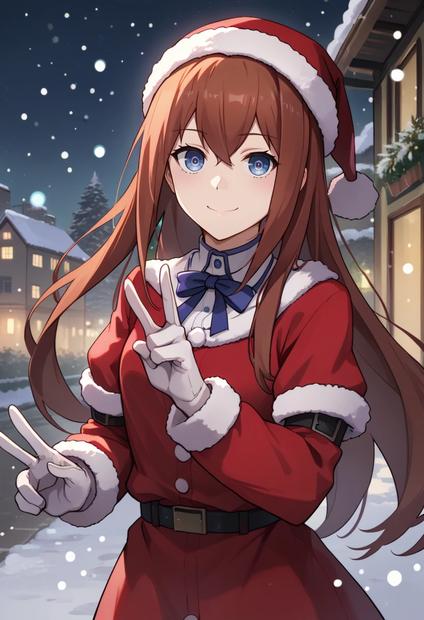 score_9, score_8_up, score_7_up, source_anime, christmas, solo, 1girl, makise kurisu, smile, looking at viewer, v, fur trim, red dress, long sleeves, white gloves, snowing, outdoors <lora:steinsgate_makise_ponyXL:1>