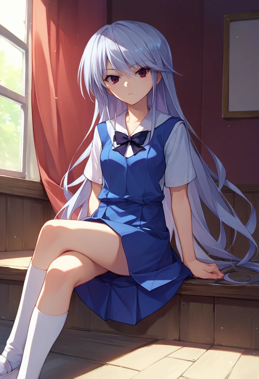 score_9, score_8_up, score_7_up, source_anime, 1girl, <lora:KazukiCAME-000007:1> kazami kazuki, silver hair, long hair, red eyes, school uniform, black bow, white kneehighs, crossed legs, sitting,