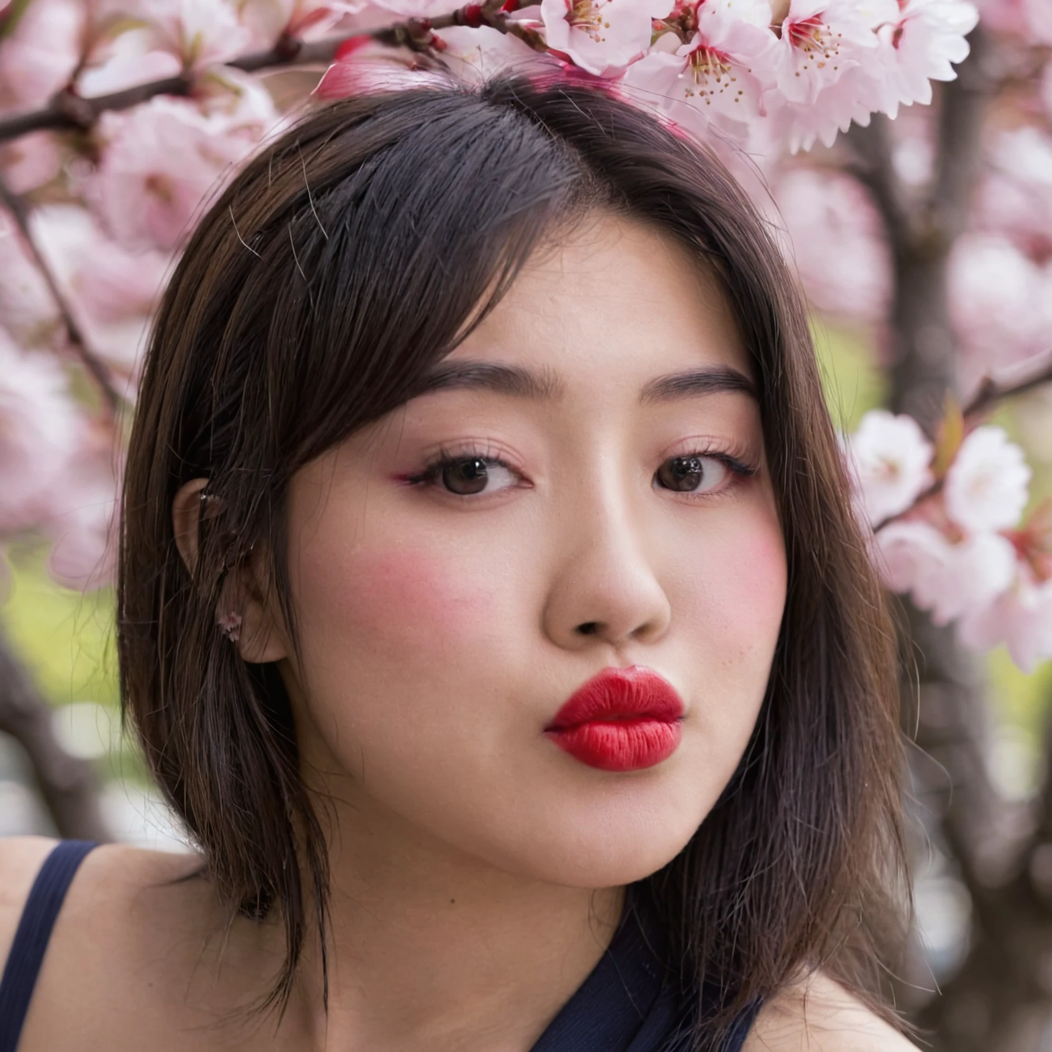 photo, of a sexy 22yo japanese woman, puckering her lips, looking at viewer, smirk, eye shadow, red lipstick, posing for camera, cherry blossoms, natural lighting, raw, DSLR, 