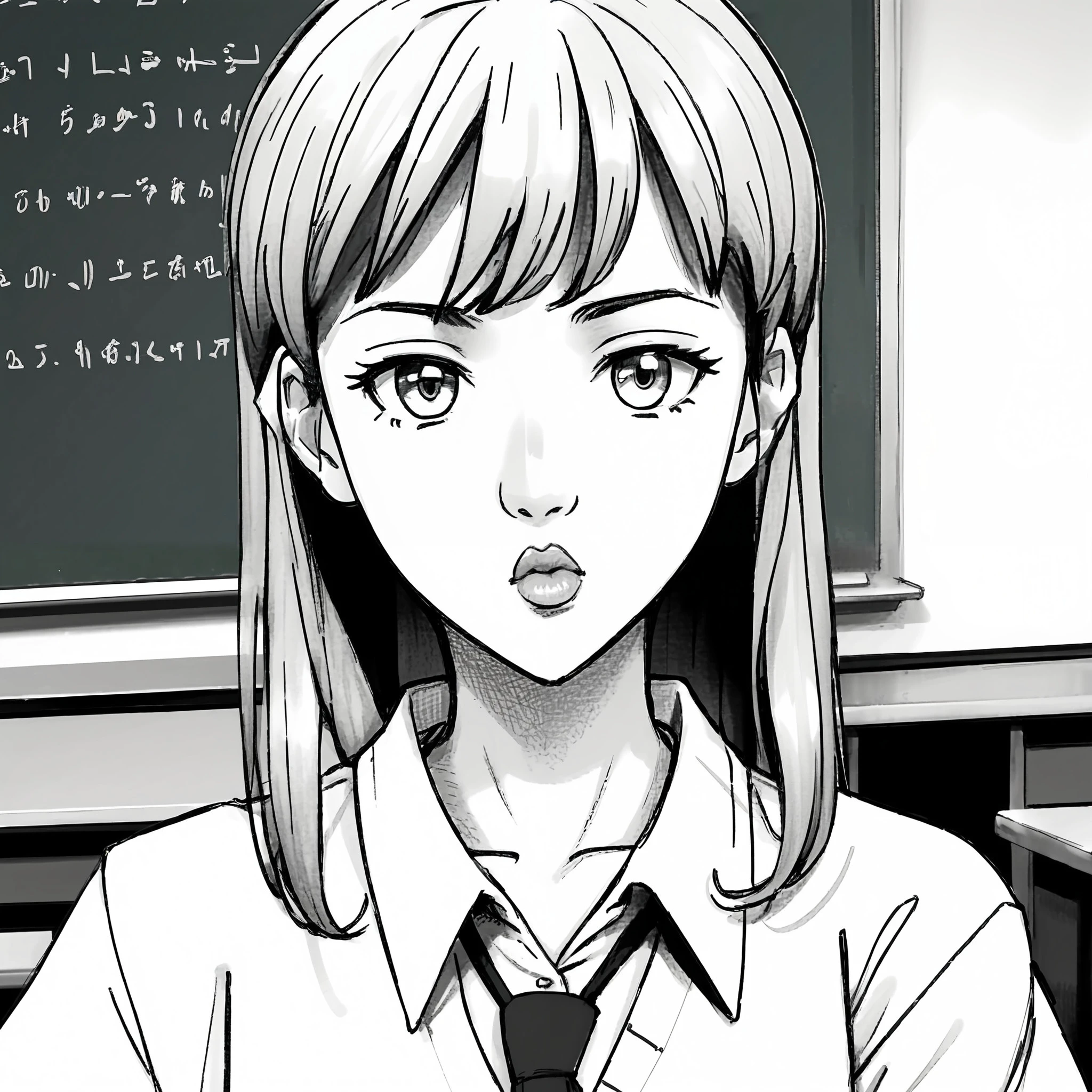 headshot, cartoon, of a cute 18yo female, (puckering:1.2) lips, wide eyes, raised eyebrows, cropped hair, brunette, school outfit, classroom, Anime Style, Manga Style, Hand drawn