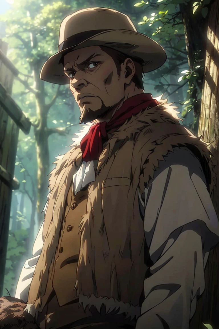 solo male, Artur Braus, Attack on Titan Anime style, hunter, shaggy brown hair, brown eyes, sideburns, beard, thin goatee, white shirt, (single vest), (brown fur trim vest, close vest:1.7), long sleeves, (loose red cravat:1.7), black pants, brown hat, mature, handsome, charming, alluring, standing, upper body, perfect anatomy, perfect proportions, best quality, masterpiece, high_resolution, dutch angle, cowboy shot, photo background, forest<lora:EMS-312762-EMS:0.800000>