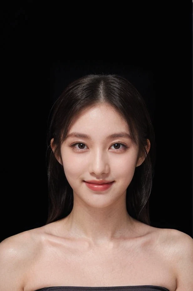 (extremely detailed eyes), korean idol, (((strapless))), raw photo, 1girl, (looking at viewer), upper body, ((full plain black background:1.3)), (Strapless_tube_top:1.5), bare shoulders, (((bare neck))), bare head, collarbone, (((closed mouth smile))), ((black hair:1.3)), natural skin colour, skinny face,<lora:gaeullorashyv1_5:0.85>