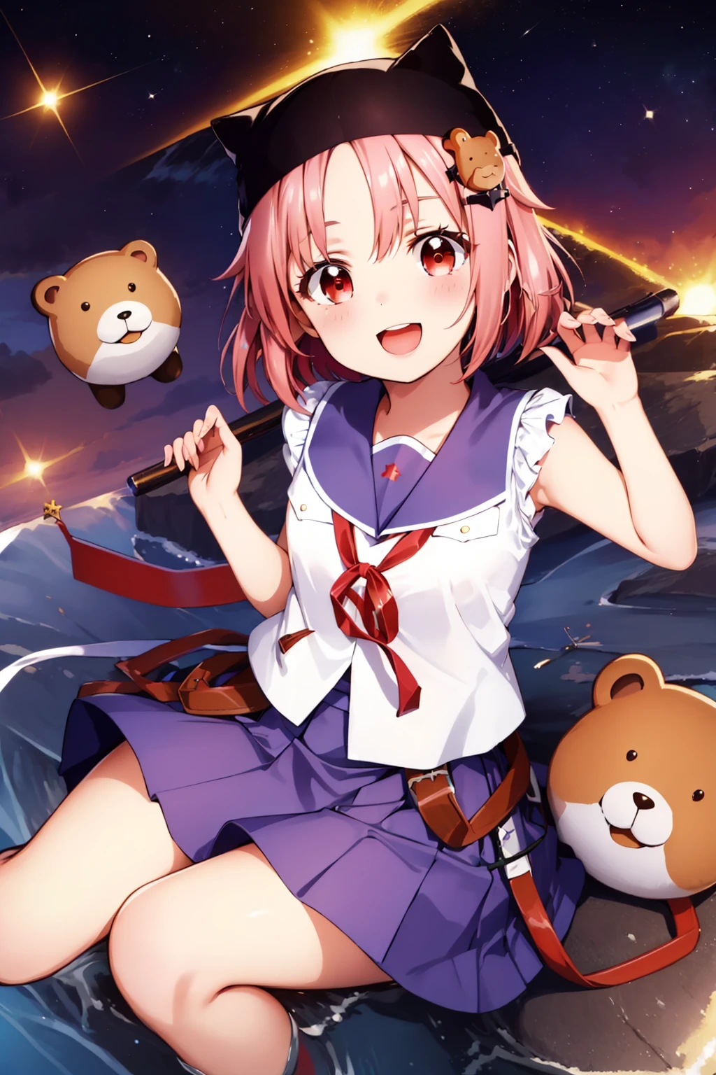 masterpiece, best quality, solo, 1girl, yuki_takeya, smile, open mouth, looking at viewer, black headwear, bear, hair ornament, frills, sleeveless, parted bangs, red eyes, pink short hair, serafuku, blue skirt, five fingers, <lora:takeyayuki_7:0.9>, <lora:GoodHands-vanilla:1.3>