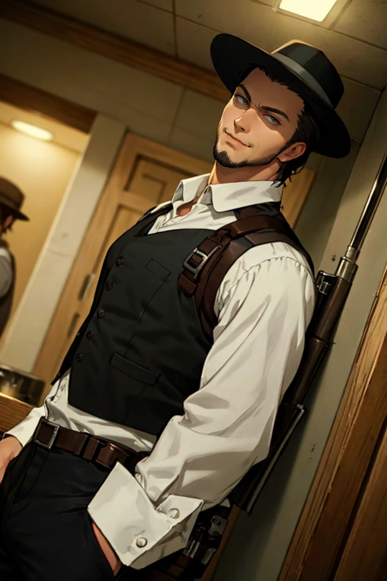 solo male, Kenny Ackerman, Attack on Titan Anime style, brown hair, hair slicked back, grey eyes, sideburns, thin beard along jawline, white collared shirt, long sleeves, (simple black vest, long vest), black pants, (dark fedora hat), (vertical maneuvering equipment, silver color armor, holster), athletic build, middle-age, mature, handsome, charming, alluring, smirk, perfect anatomy, perfect proportions, best quality, masterpiece, high_resolution, dutch angle, indoor, vintage bar, looking_at_viewer<lora:EMS-313595-EMS:0.700000>