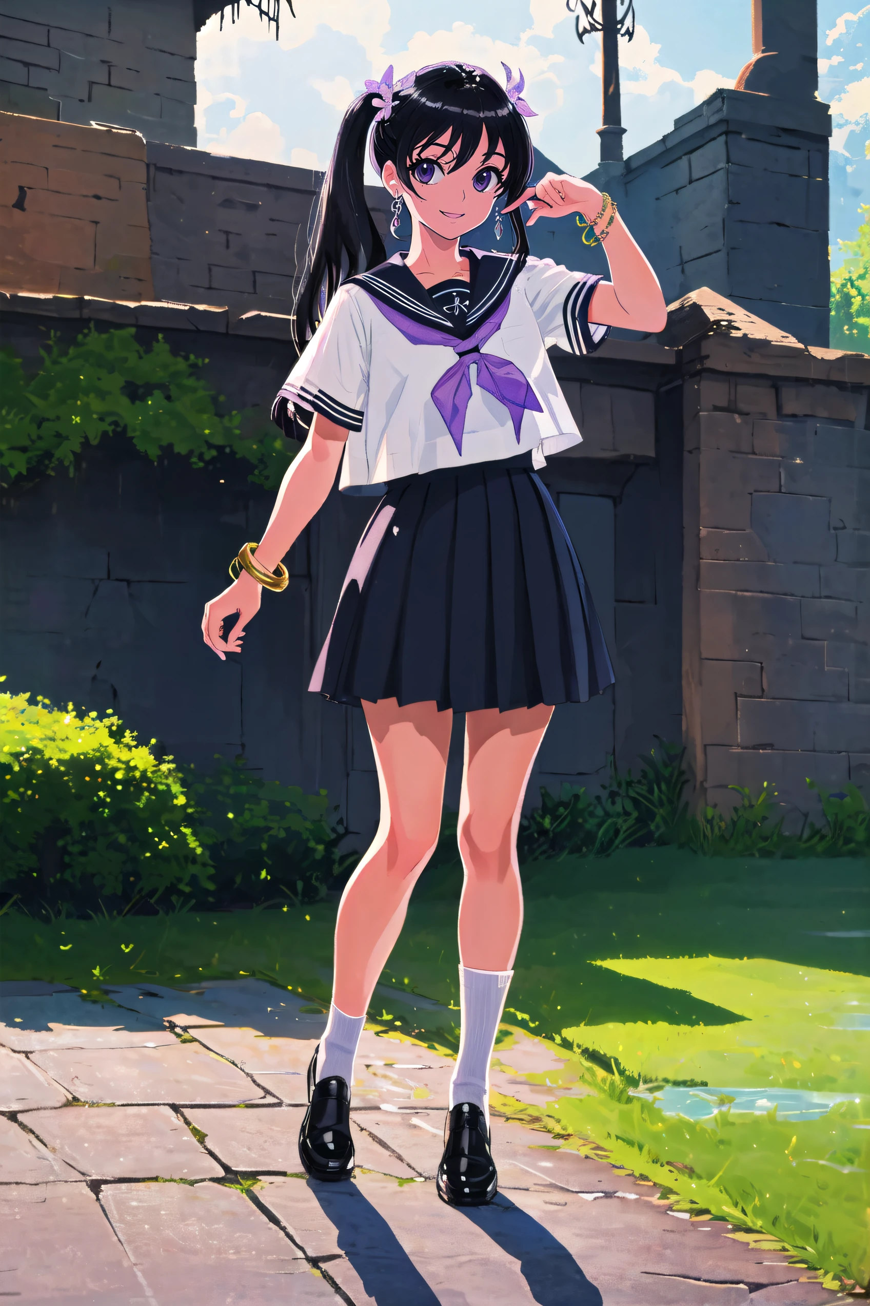 masterpiece, best quality, official art, extremely detailed , ultra high res, ultra detailed, incredibly absurdness, Ultimate detail, Clothing details, middle breast, wide shot, standing,
(1girl:0.7), extremely beautiful face, (leather shoes:0.7), (white ankle socks:0.8), outdoors,  hair ornament,  sailor collar, pleated skirt, purple bracelet,  pink neckerchief, (low twintails,:1.1)
((haunting smile, long hair, black hair)),(Fluffy hair:0.75), watery eyes, realistic skin, best shadow, soft light,(short-sleeved),original, full body, jk,
 <lora:jk shuishou_20230607235321-000012:0.75>