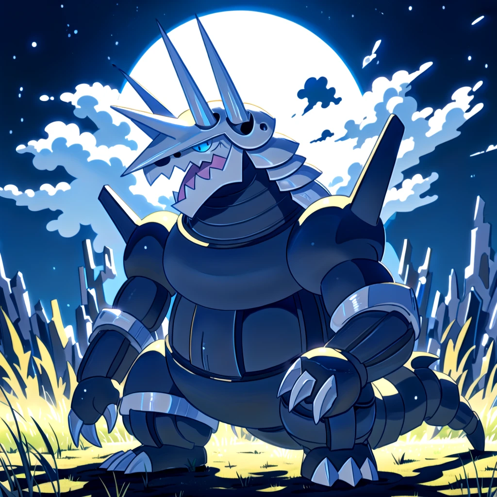 Aggron, solo, open mouth, tongue, upper body, grey background, looking down, standing, ((upper body)), sky, cloud, grass, tree, forest