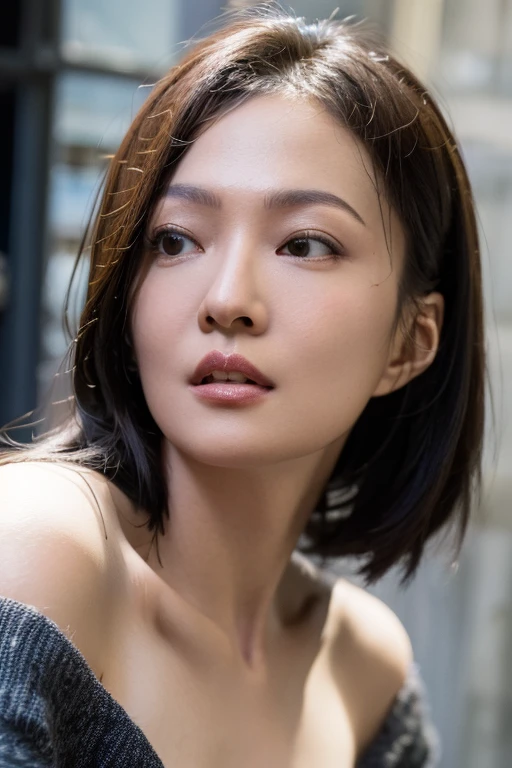 Best quality,masterpiece,ultra high res,(photorealistic:1.2),1girl,deep shadow,low key,(photorealistic:1.2),slim body,japanese street alley,dynamic pose,face closeup,brown hair,upper_body,<lora:angela_chang:0.9>,