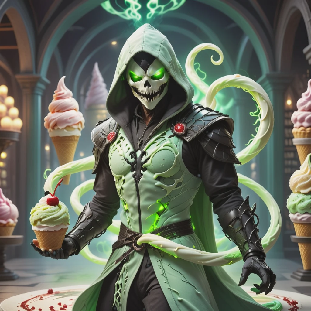 <lora:Gelato_Style_XL:1>GelatoStyle (style-swirlmagic:0.8),  solo, half shot, looking away, detailed background, detailed face, (high fantasy medieval theme:1.1) venom-mage, hooded wizard vest,   poison infused talisman,  dynamic pose, glowing eyes, bright green color scheme,  green eyes,   green spell,  pale skin, controlling poison, poisonous, vial of glowing poison,  natural poison swirling in the air,   spellbook,   alchemical symbols,  floating particles, glowing venom running through veins,  poison clouds in background,  epic atmosphere,, made from gelato ice cream, (Masterpiece:1.3) (best quality:1.2) (high quality:1.1)